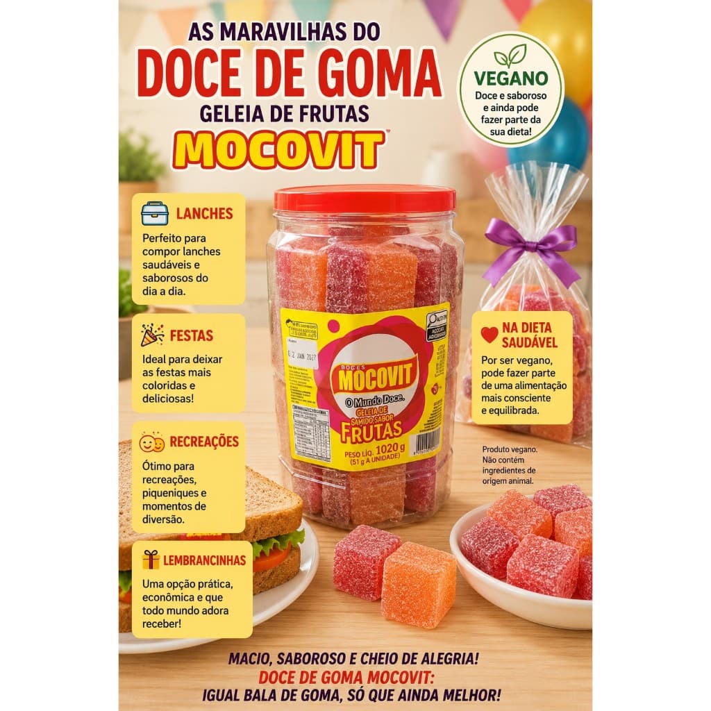 Geleia de Frutas Doce Goma Vegano Pote Mocovit Sabor Frutas Morango e Abacaxi Balinha de Goma