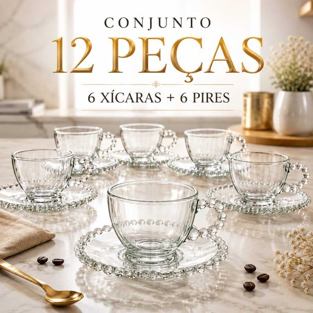 Jogo 6 Xícaras de Vidro com 6 Pires 12 Peças Café Chá Brasiliano ou Bubbly Transparente Moderno