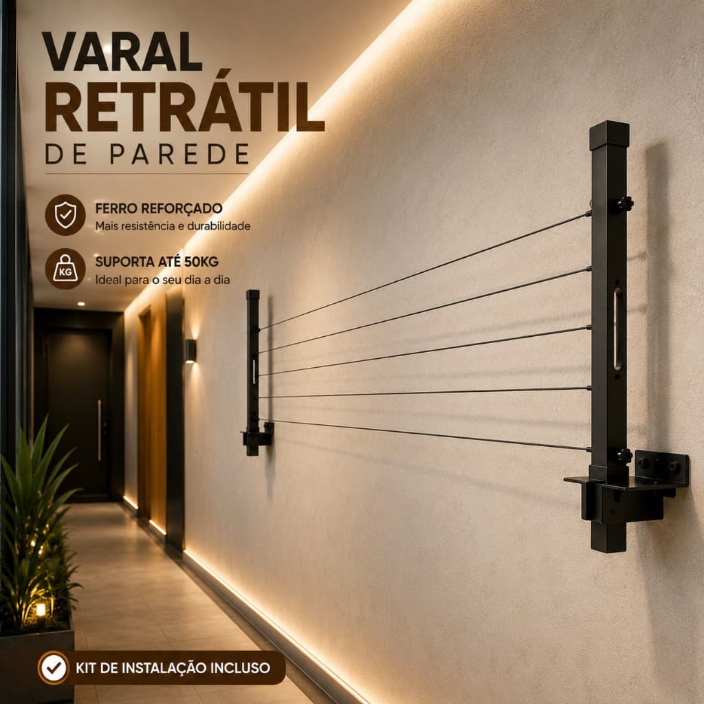 Varal Retrátil de Parede Ferro Reforçado 20m de Corda Kit Instalação Até 50kg