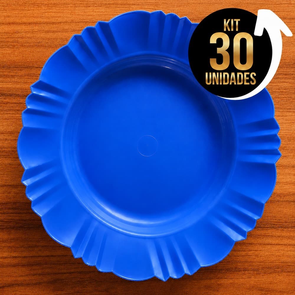 Kit 30 Pratos Fundos Redondos Azul Plástico com Borda Para Refeições