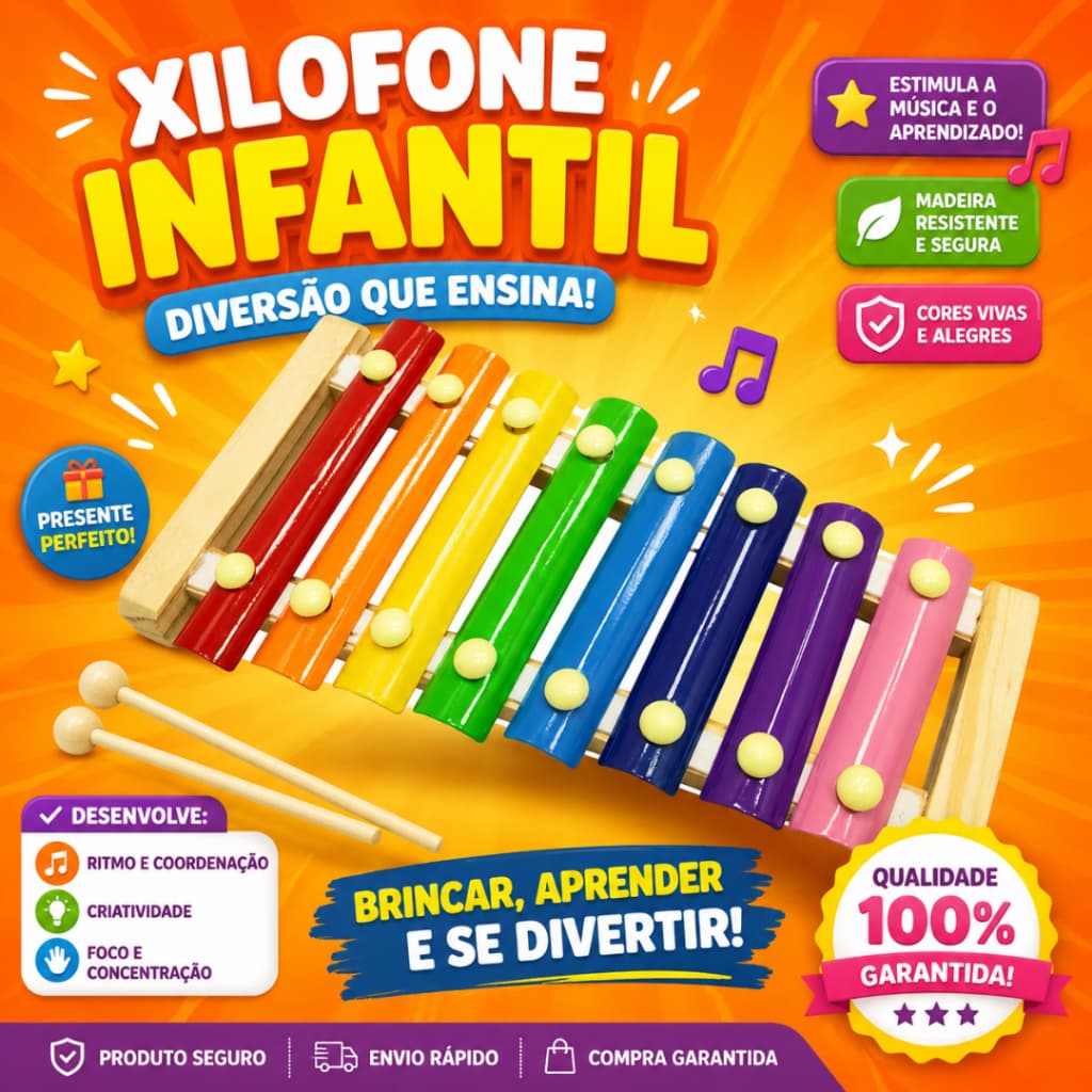 Xilofone Infantil Musical 8 Notas Colorido Educativo Com Baquetas Brinquedo MADEIRA KIDS pedagogico