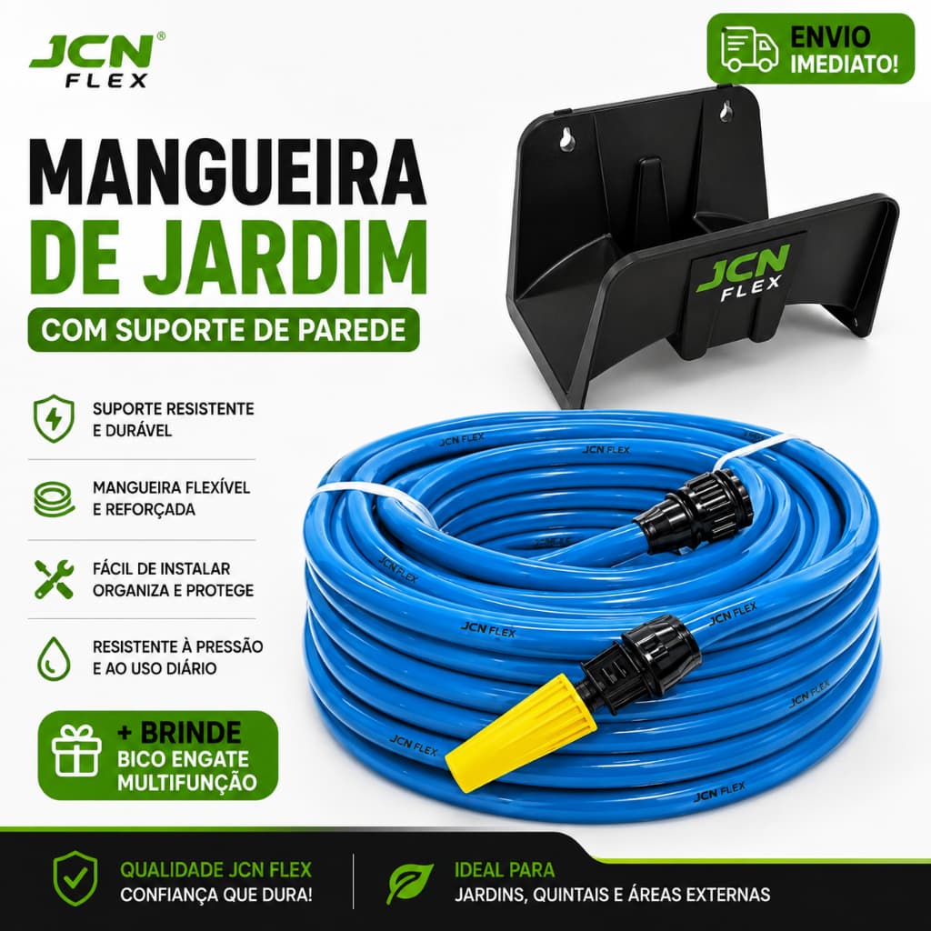 Mangueira de Jardim Reforçada Flexível Lisa com Suporte de Parede + Engates + Esguicho 10 15 20 25 30 40 50 Metros JCN