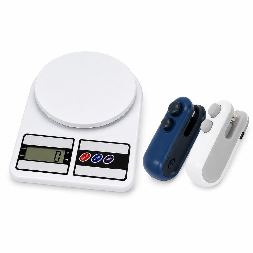 Kit Balança Digital Cozinha 10kg Alta Precisão com Função Tara e Mini Seladora Portátil para Sacos Alimentos