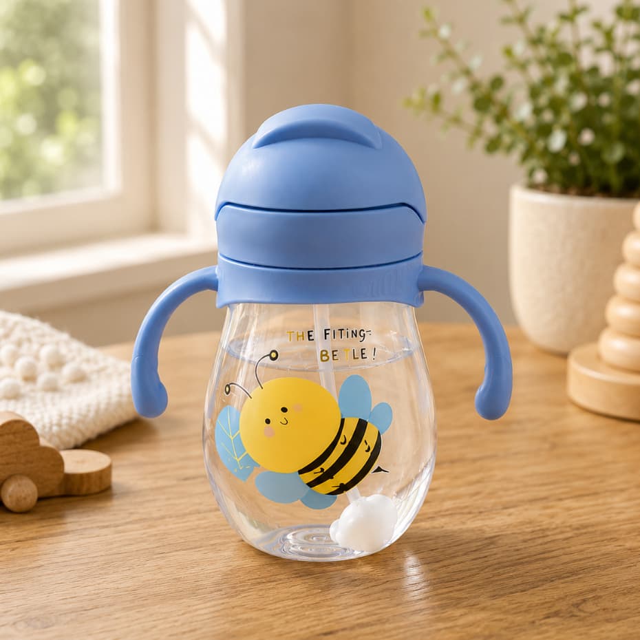 Copo de Transição Infantil Azul 350ml com Canudo Silicone Antivazamento BPA Free Copo de Treinamento Bebê