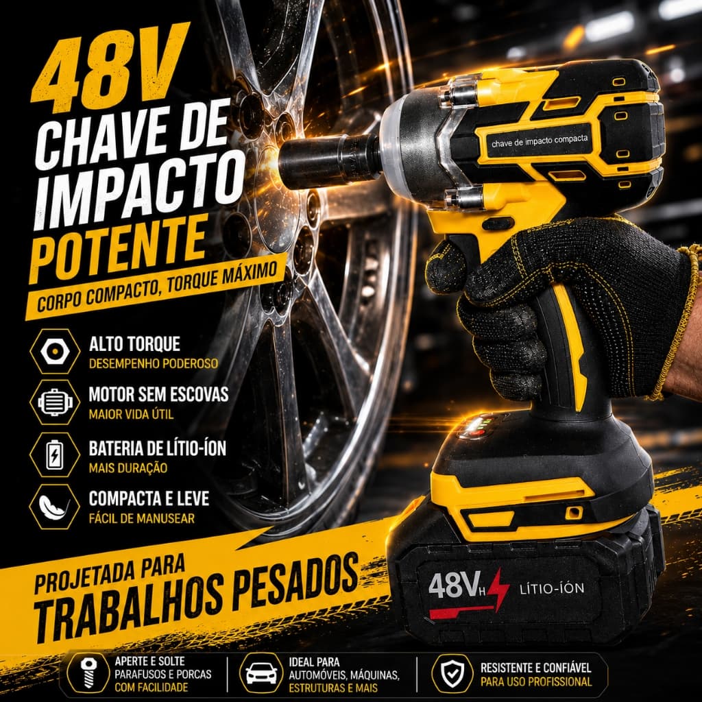 Chave de Impacto 48V Sem Escova Duas Baterias, Uso Automotivo e Instalação, Modelo Simples ou Completo