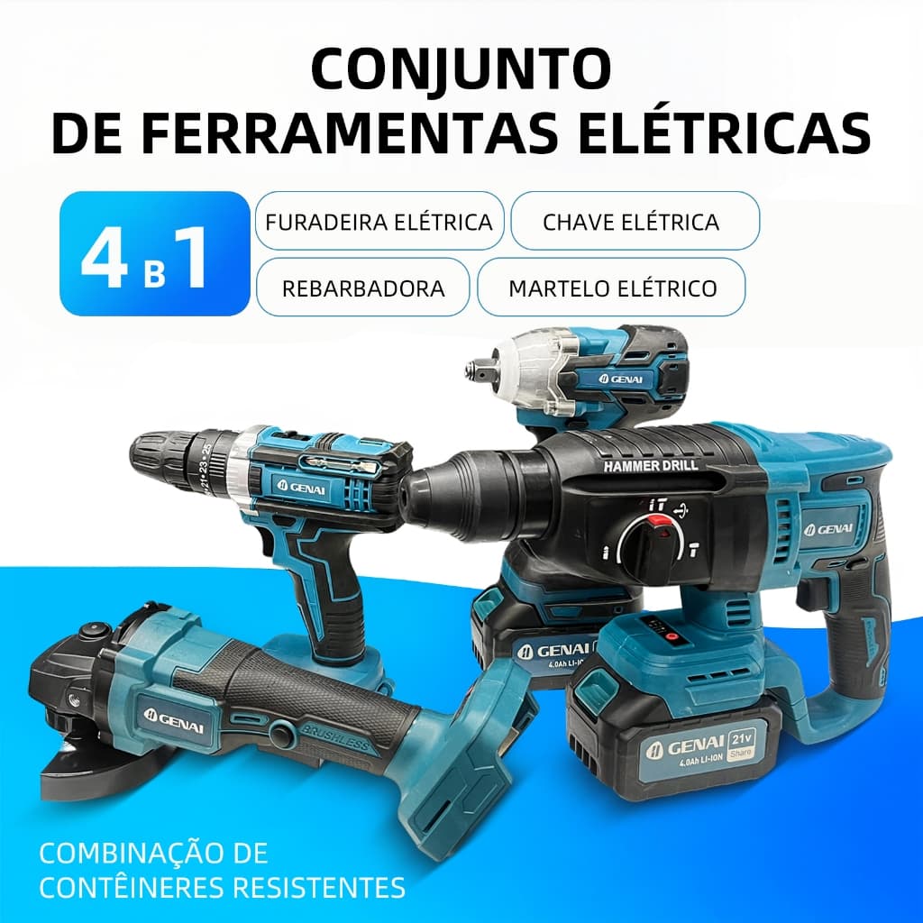 Conjunto De Ferramentas 4 Em 1 De 21V: Furadeira De Impacto Esmerilhadeira Angular Lixadeira Chave De Impacto.