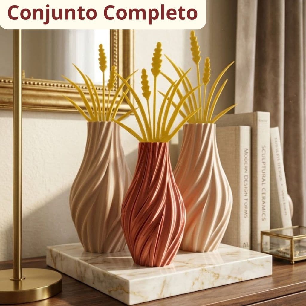Trio Vasos Decorativos Minimalista Com Plantas Inclusas Enfeite Sala Escritório Estilo Moderno