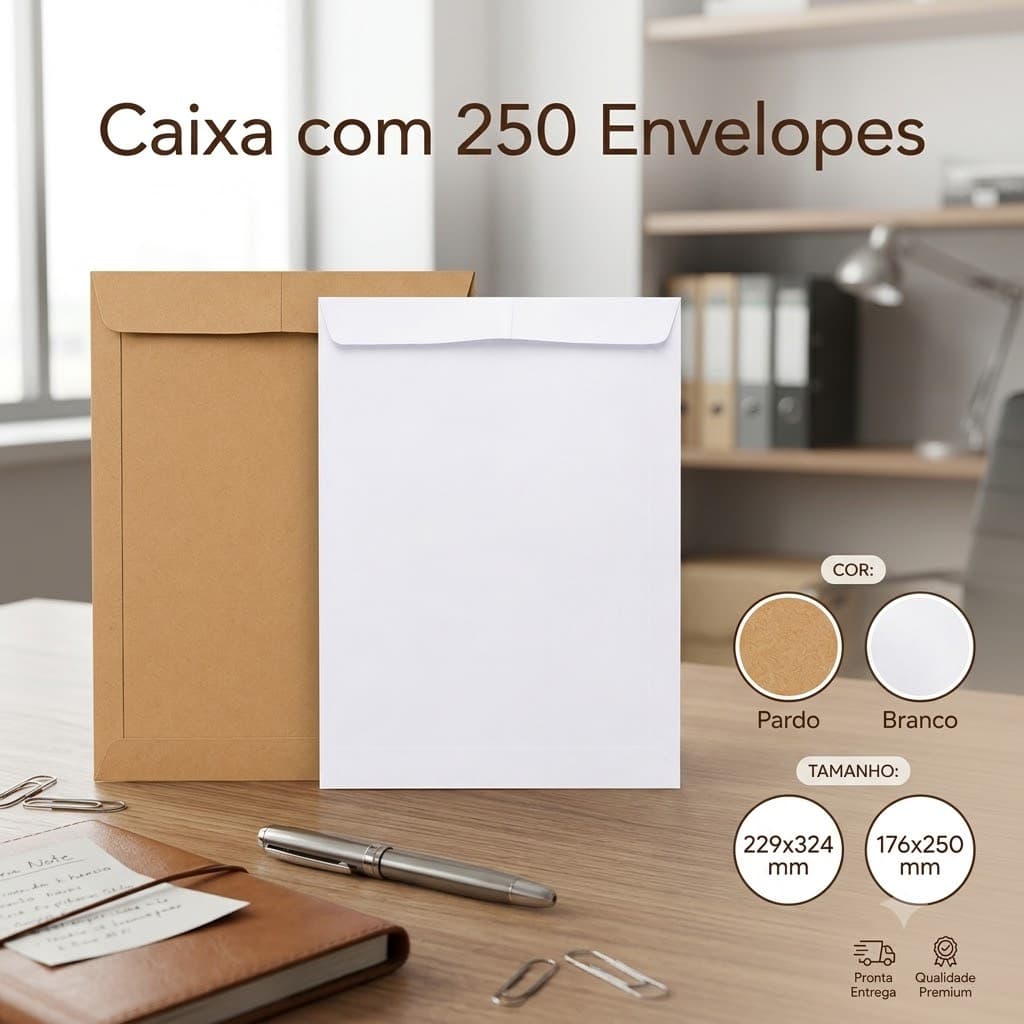 Caixa com 250 Envelopes Saco 229x324 ou 176x250 ou 260x360 ou 240x340 Pardo/Branco Tamanhos variados