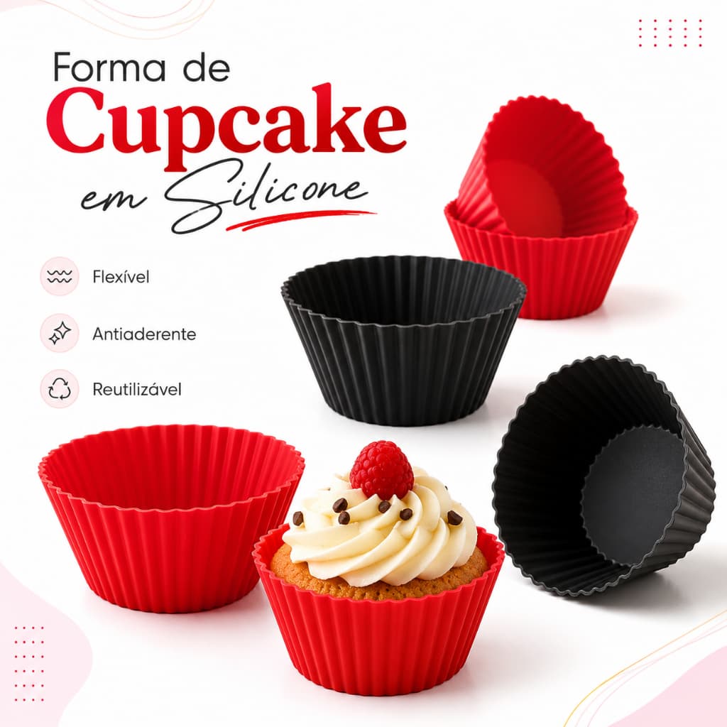 Kit 6 ou 12 Forminhas de Silicone para Cupcake Muffin Tortinha Forno Air Fryer Freezer Vermelha ou Preta
