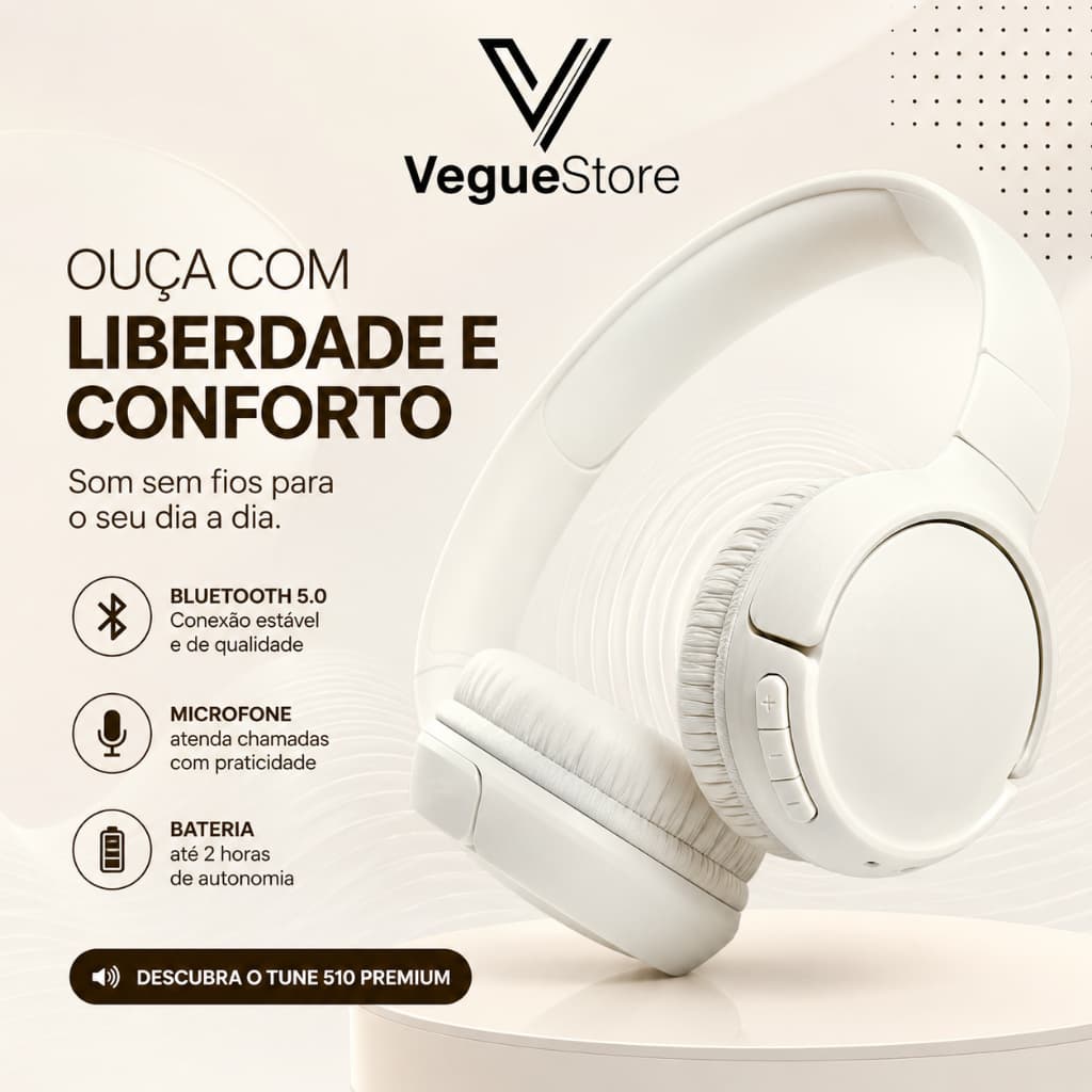 Fone Sem Fio Bluetooth Tune 510 Premium Bege Headphone On-Ear Bluetooth 5.0 Com Microfone