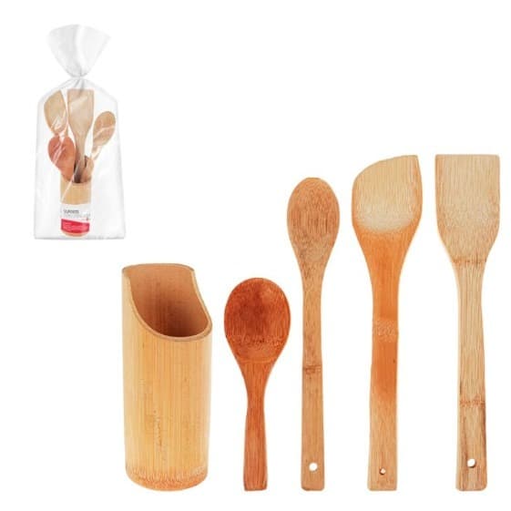 Kit 4 Colheres espátulas Garfo de cozinha de Bambu com suporte redondo