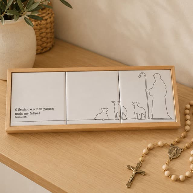 Quadro Decorativo Salmo 23 | O Senhor é Meu Pastor | Azulejo com Moldura 33x13cm | Decoração Cristã