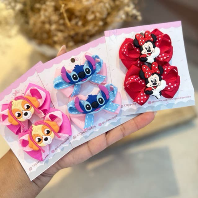 dupla de laços temáticos, par Minnie, Par de laços Stitch, Par de laços Skye. Laços pequenos e delicados.