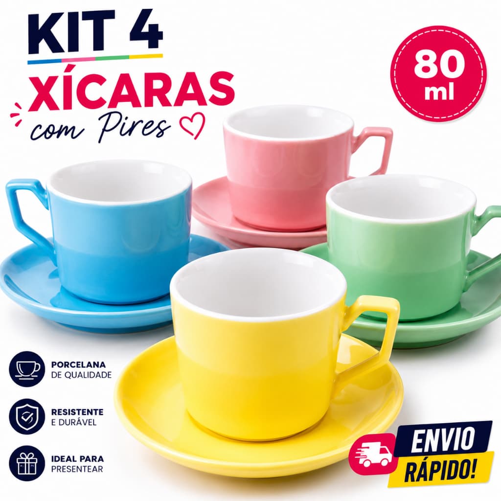 Jogo Com 4 Xícaras E Pires Coloridos Em Cerâmica, Kit Café Completo Em Caixa Presente Decorada