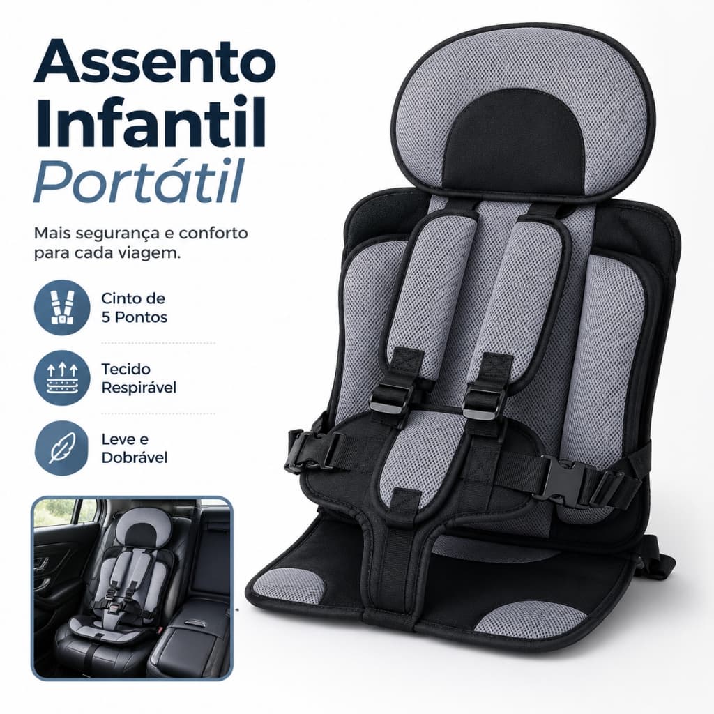 Assento Infantil Portátil para Carro com Cinto 5 Pontos Almofadado Dobrável para Viagem e Uso Diário