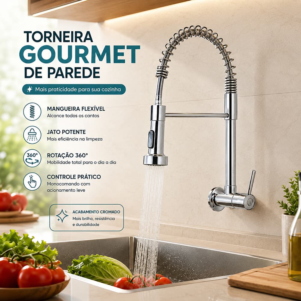 Torneira Gourmet de Parede Cromada Mola Flexível Jato Único Bica Móvel Água Fria Cozinha Pia Cuba
