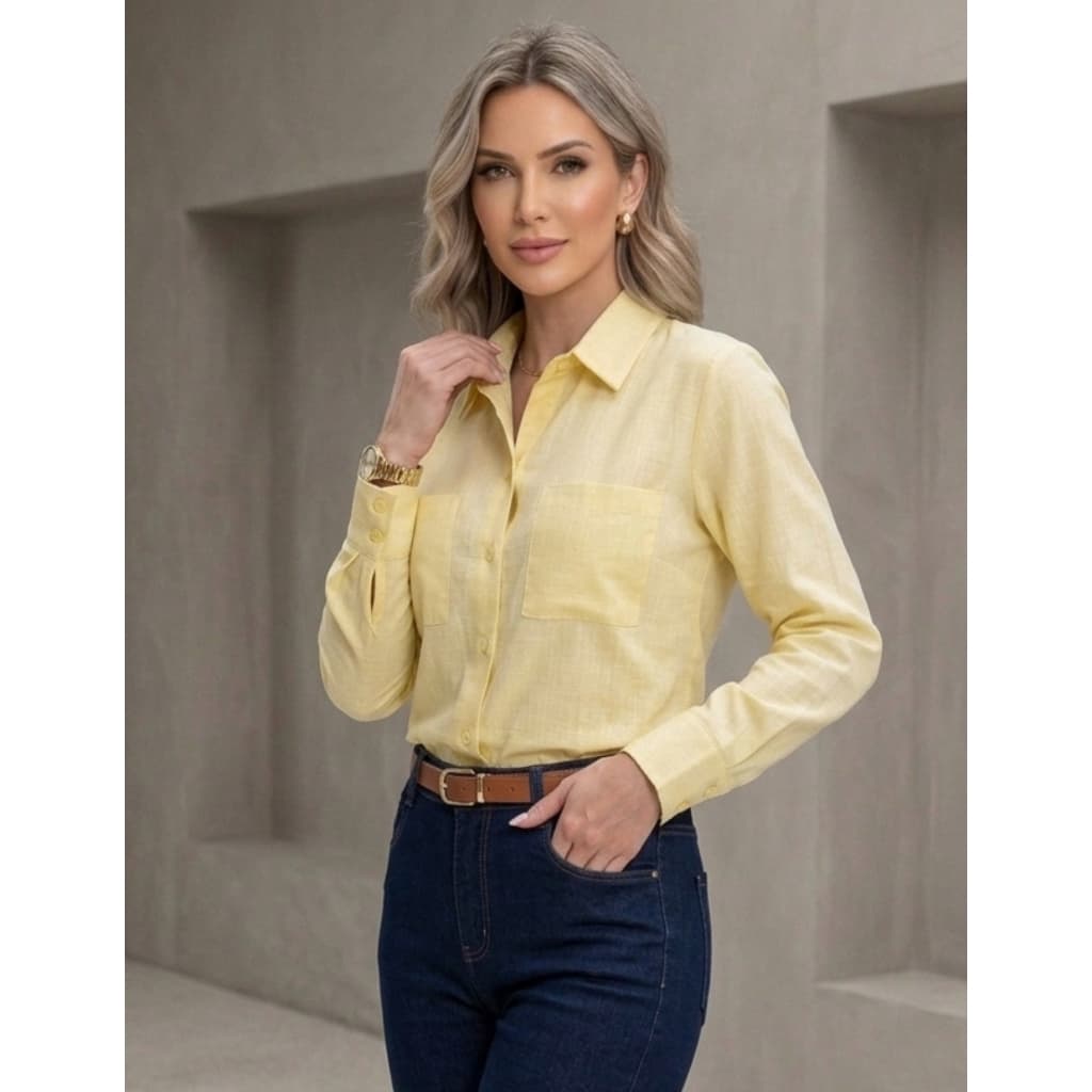 Camisa Feminina De Linho Manga Longa Soltinha Confortavel Camisete De Botão Com Bolsos Elegante Alfaiataria