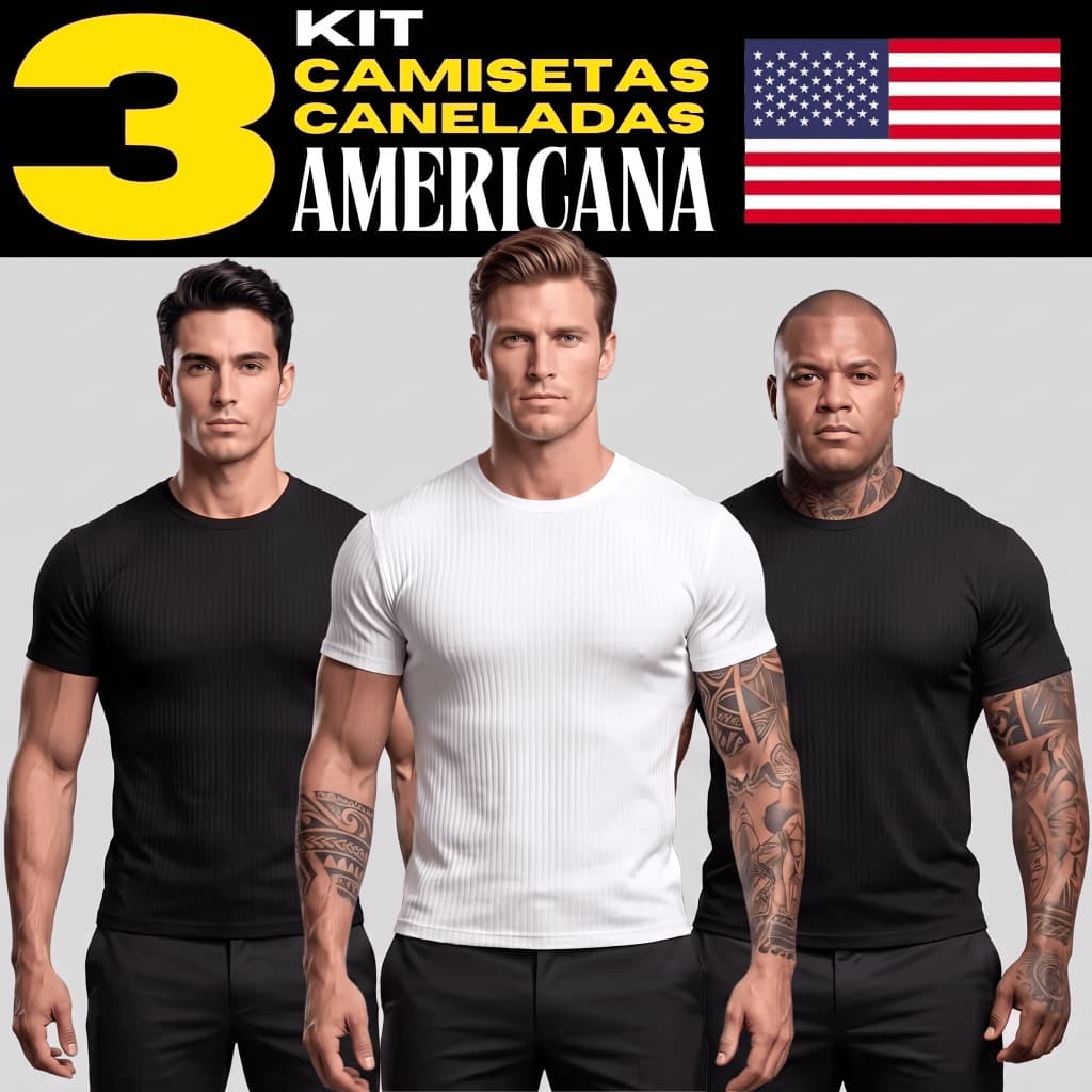 Kit 3 Camiseta Americana Masculina Canelada Slim Fit Básica Ribana Estilo Premium Academia Gringa Modeladora