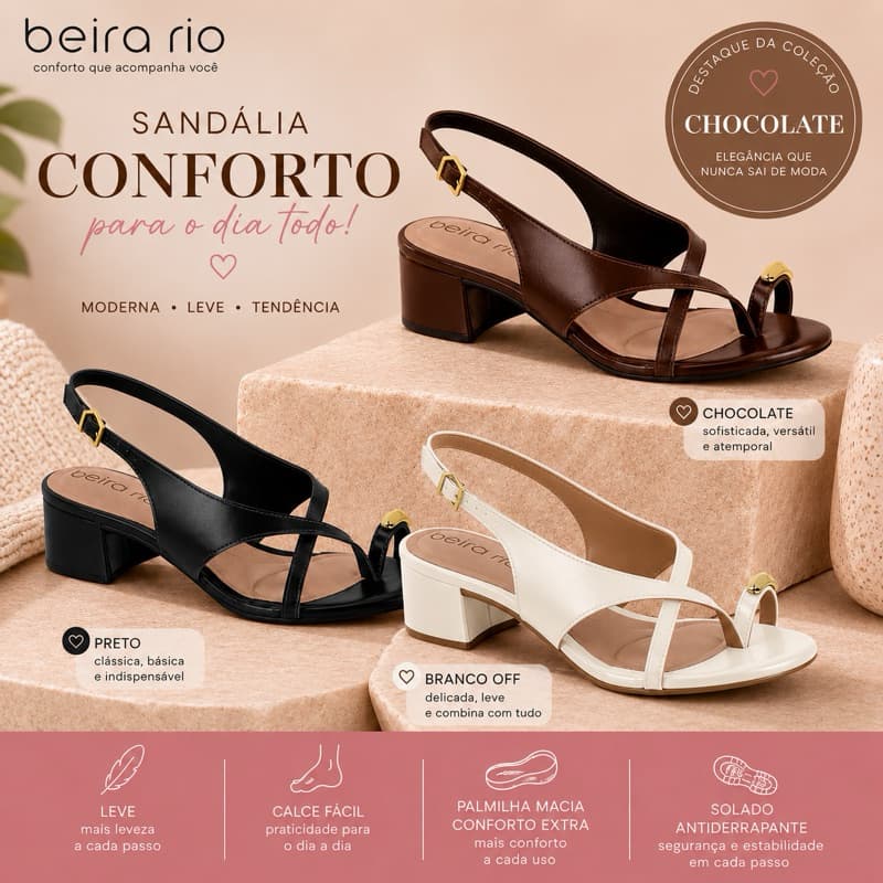 Sandália Feminina Beira Rio Salto Bloco Médio Confortável Dedo Dourado