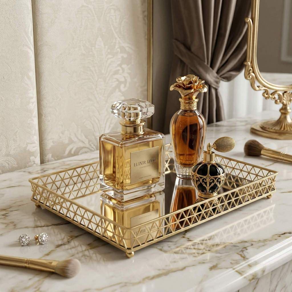 Bandeja Espelhada Decorativa Grande Dourada Preta Para Perfumes Aparador Bar Bebidas Sala Banheiro Luxo Louvre 45x30cm