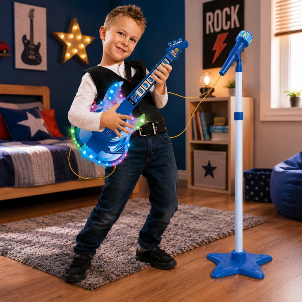 Brinquedo Guitarra Musical Com Luz e Som Microfone Pedestal Infantil Instrumento Para Crianças - Castela