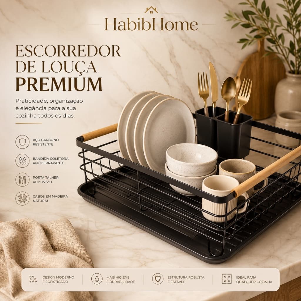 ✅Escorredor de Louça Preto com Alça de Madeira | Aço Premium | Grande Capacidade e Drenagem Rápida