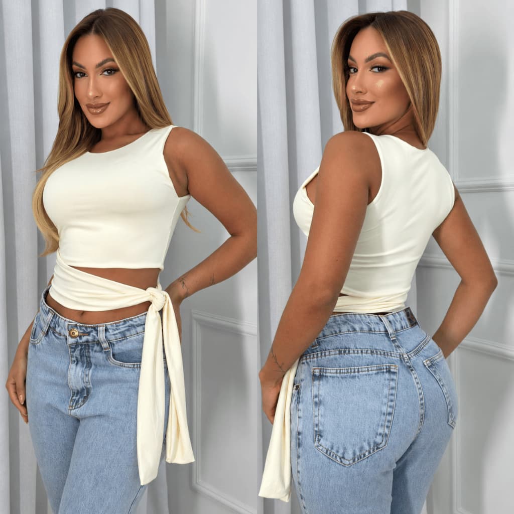 Blusa Cropped Feminino Suplex Forro Duplo Laço Lateral Com Amarração Moda Gringa Estilosa Lançamento