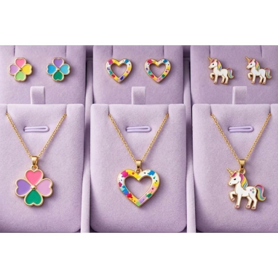 Conjunto Colar E Brinco Infantil Menina Colorido Unicórnio Coração Flor Bijuteria