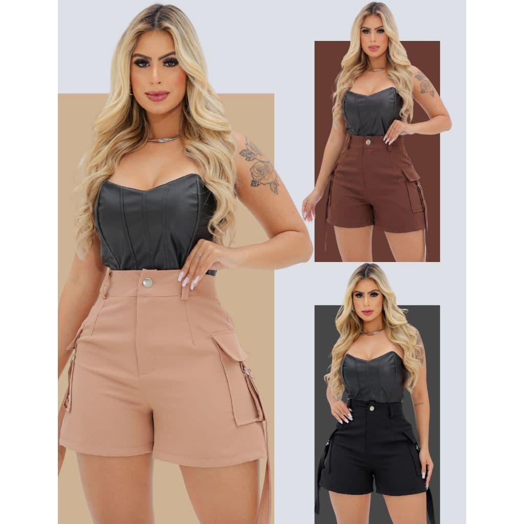 Short Cargo Alfaiataria Feminino Bolso Lateral Cintura Alta Verão Varios Modelos
