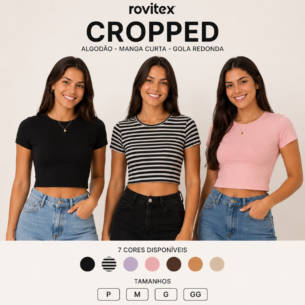 Camiseta Feminina Cropped Algodão Elastano Rovitex Adolescente Manga Curta Casual P M G Gg Colorido