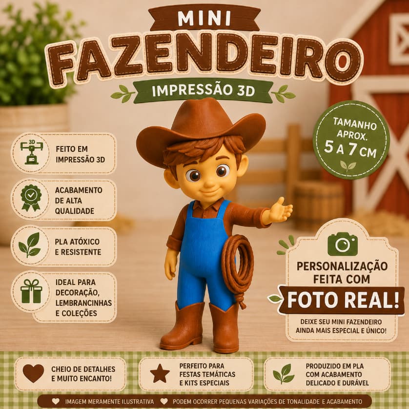 Kit 20 Mini Fazendeiro de 5 a 7cm | Impressão 3D | Decoração | Lembrancinhas | Festas Infantis | Colecionável