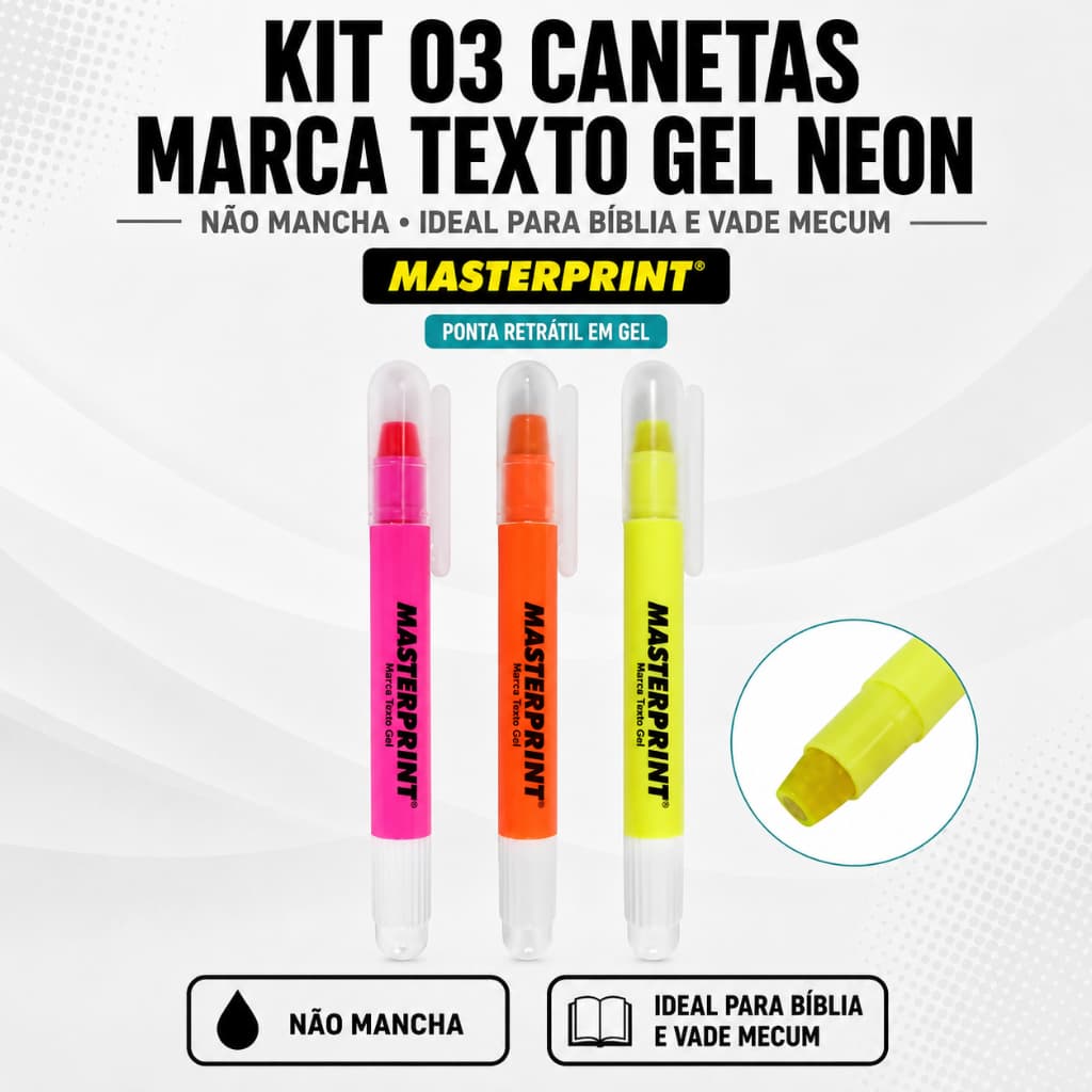 Kit 3 Canetas Marca Texto Gel Neon Não Mancha Ideal Para Bíblia e Vade Mecum Masterprint