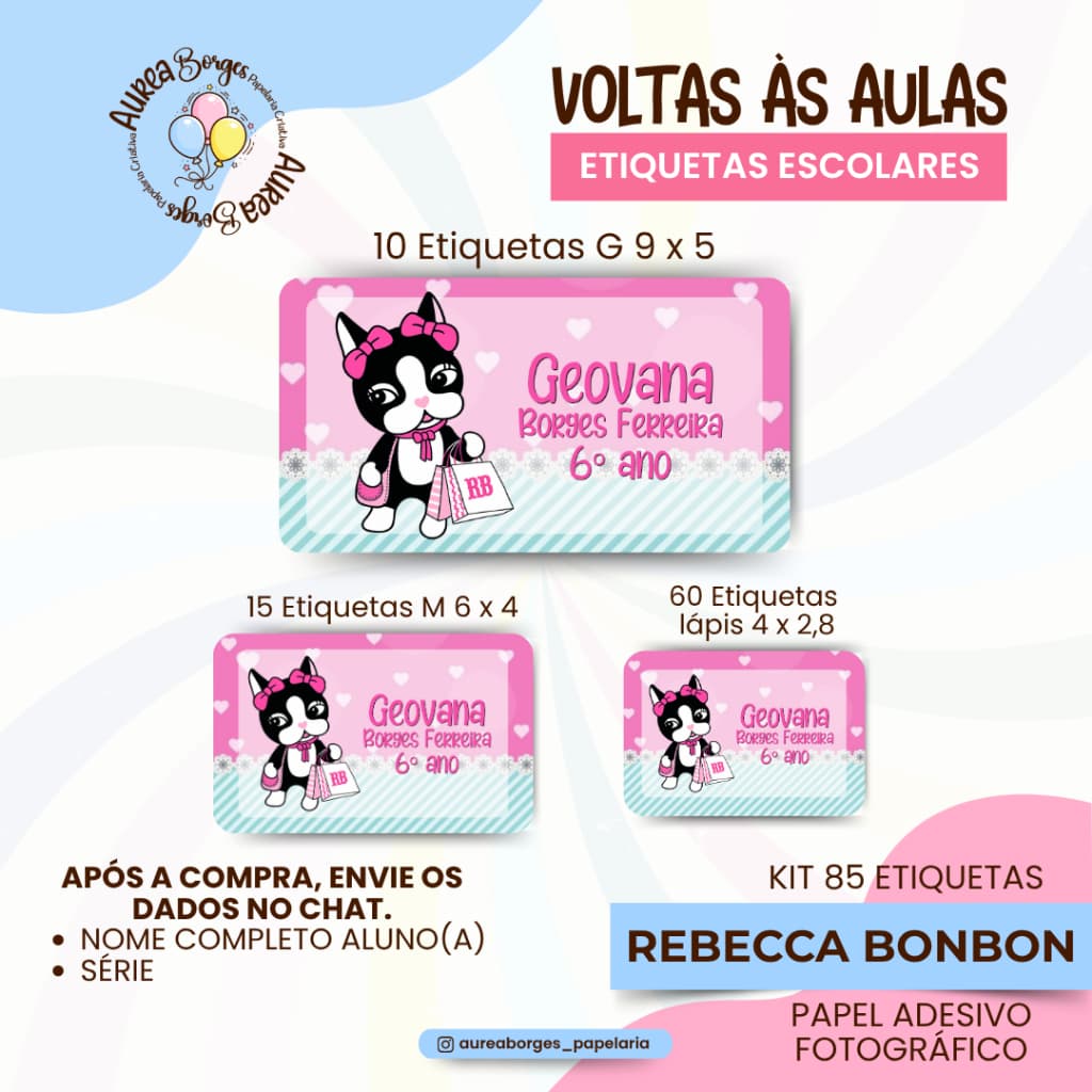 Kit 85 Etiquetas Escolares Personalizadas Rebecca Bonbon Adesivos Fotográfico Volta às Aulas lapis