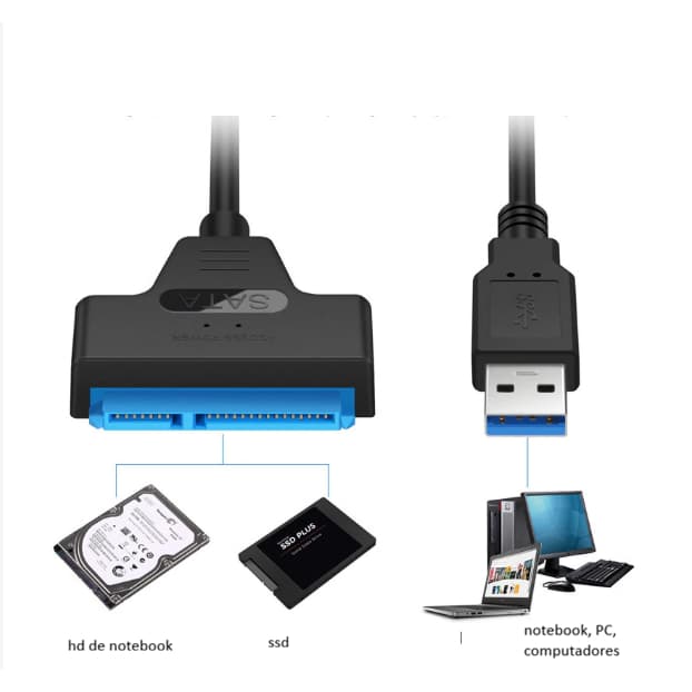 Cabo Adaptador Sata Usb 3.0 Para Ler Ssd e Hd de 2,5" HD Externo PC, Notebook, OTG Android