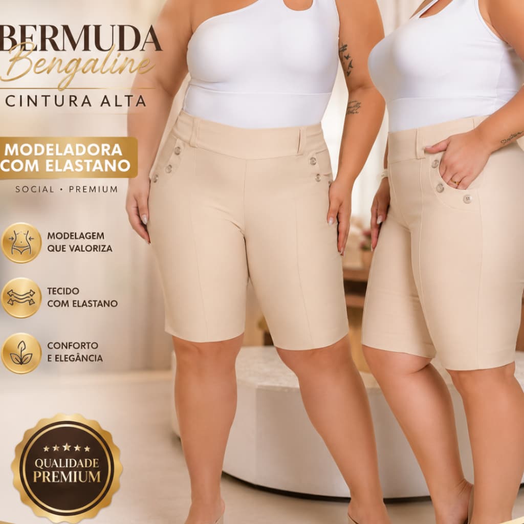 Bermuda Bengaline Feminina Cintura Alta Modeladora Com Elastano Social Premium Elegante Confortável