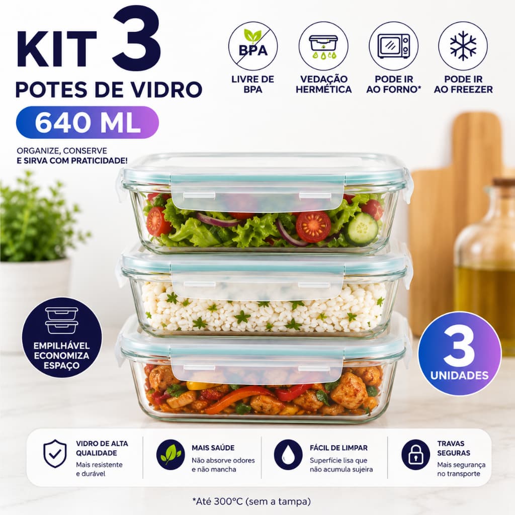Kit 3 Potes Herméticos de Vidro 640ml Retangular Tampa Hermética para Alimentos