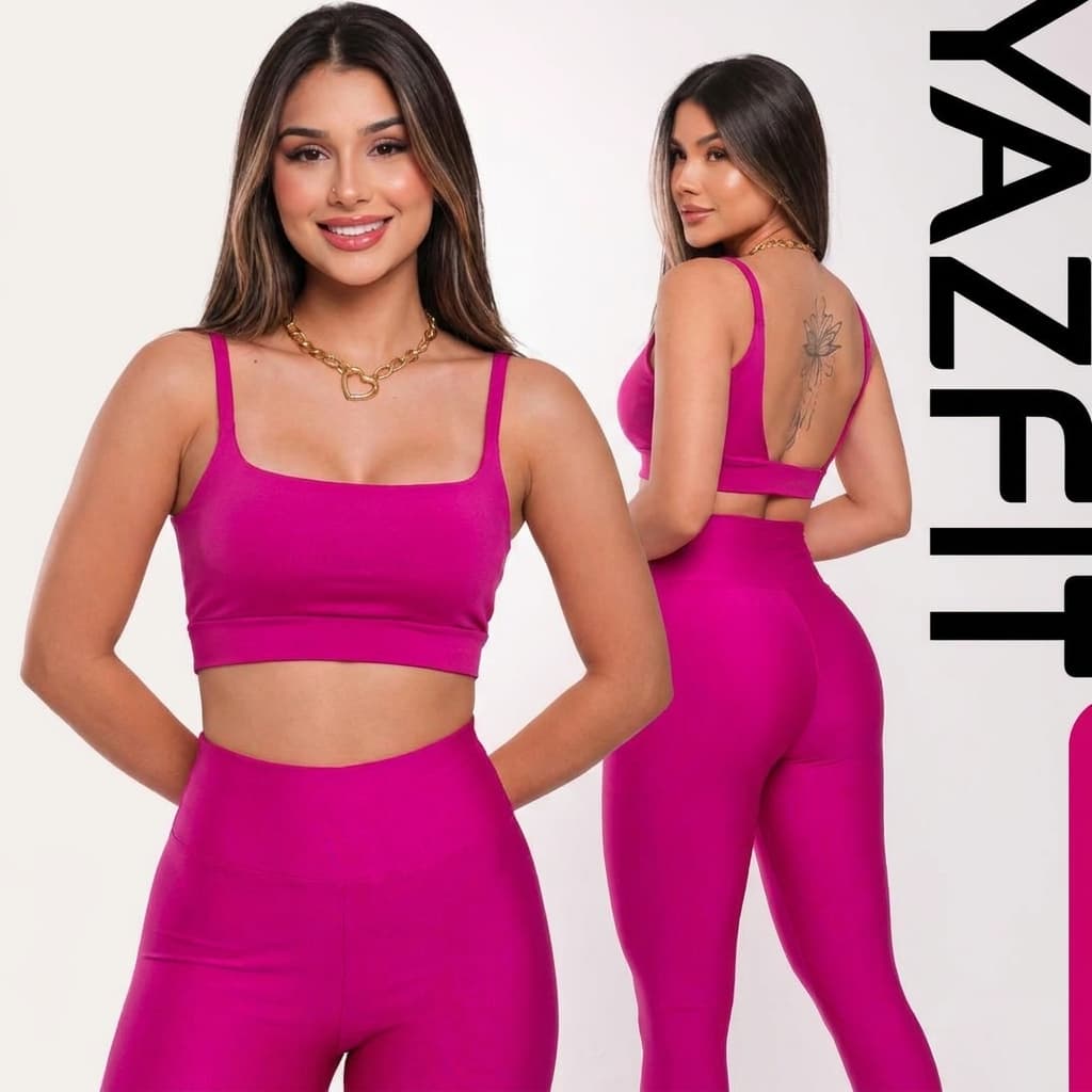 Conjunto Feminino Fitness Top Decote Quadrado Costa Nua Calça Cintura Alta Suplex Premium Roupa Academia