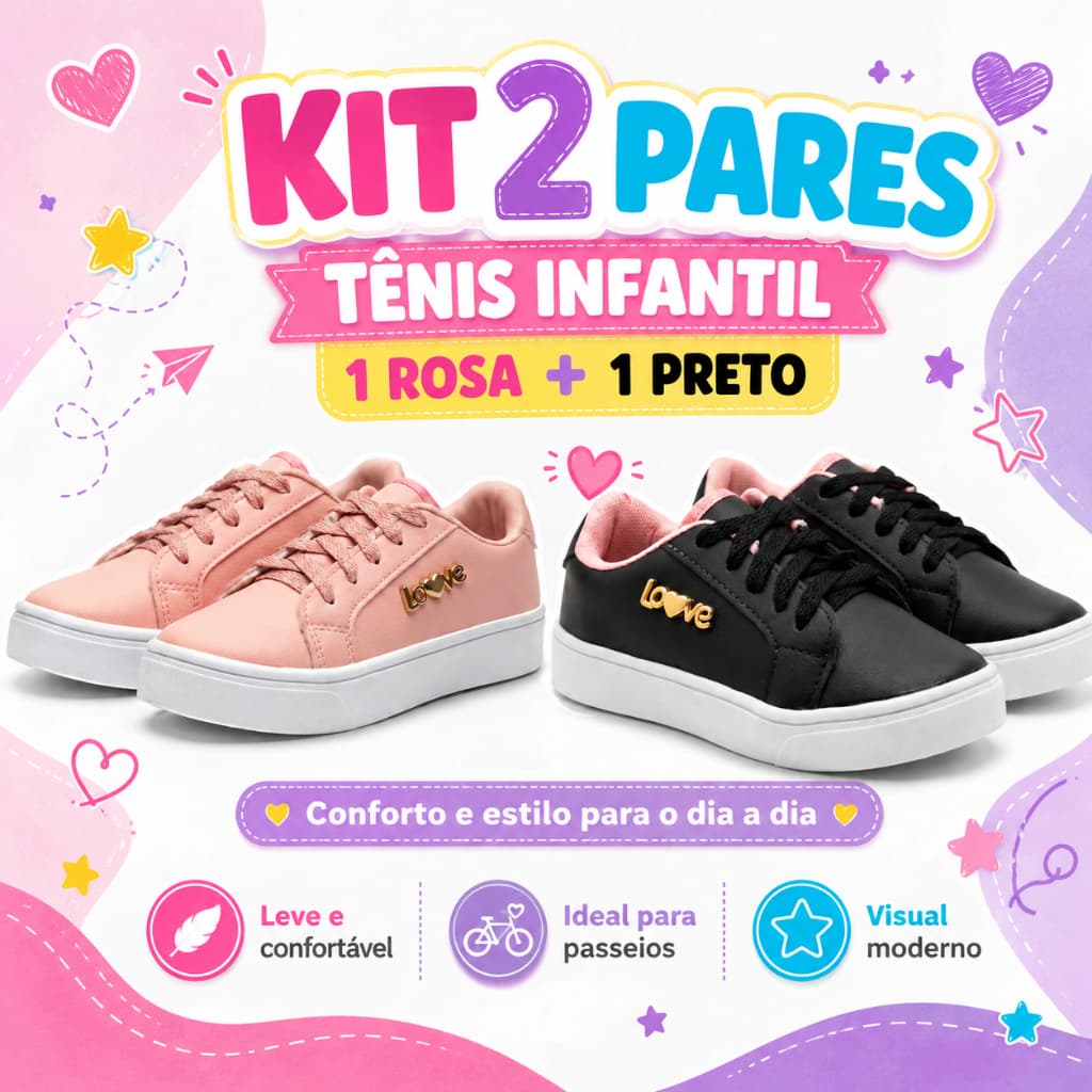 Kit 2 Pares Sapato Infantil Feminino Menina Moderno Elegante Para Looks Infantis Do Dia A Dia