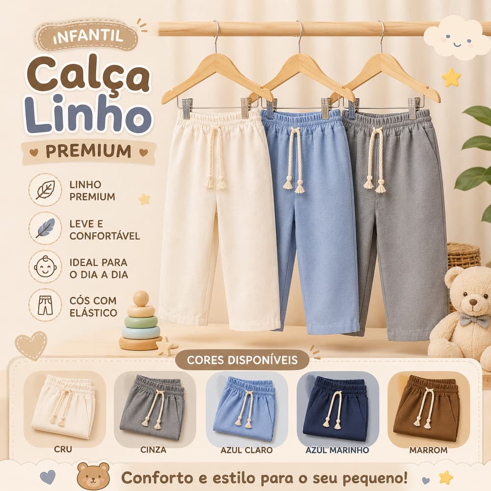 Calça de linho infantil bebê 1,2,4,6,8 anos