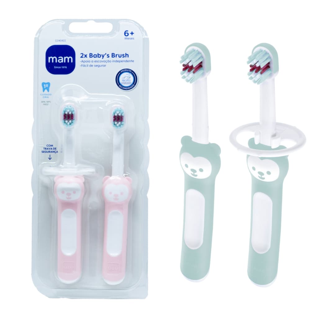 Kit 2 Escova de Dente para Bebê MAM com Proteção 6+ Meses Menino e Menina