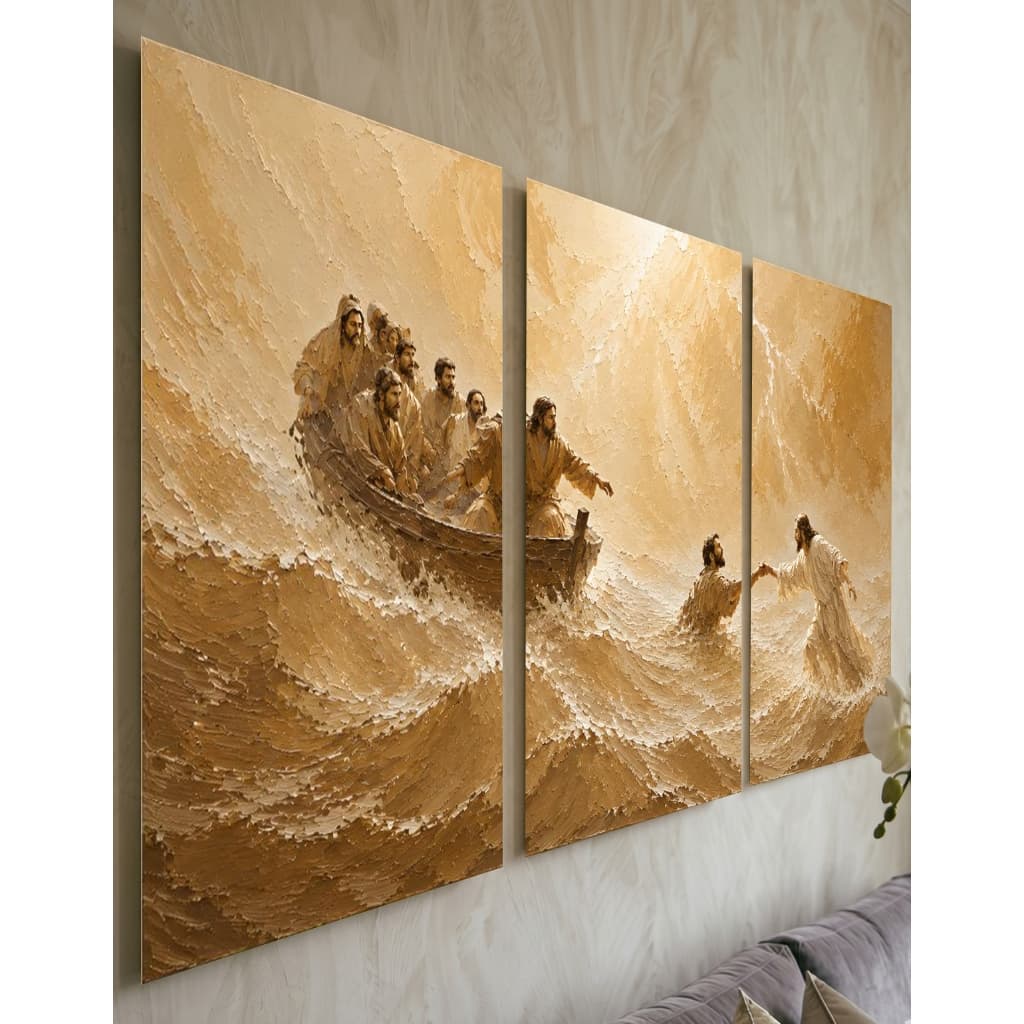 Kit 3 Telas Decorativas Jesus Andando Sobre o Mar Salvando Pedro Quadro Textura Relevo Parede Luxo