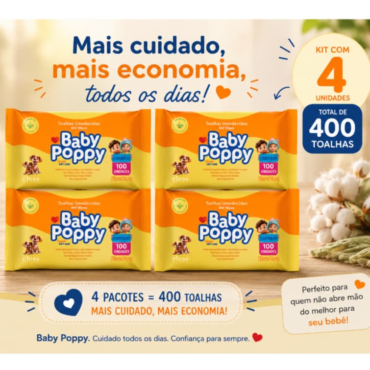 Kit 4 Toalhas Umedecidas Baby Poppy 100 Unidades Cada Total 400 Lenços Cless