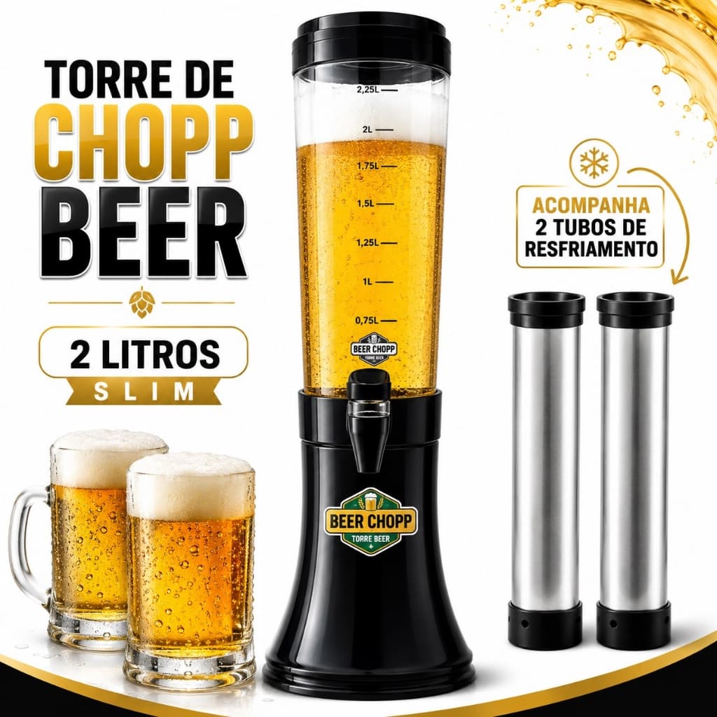 Torre de Chopp Chopeira Beer 2 Litros com 2 Tubos Gelantes Base Giratoria 360°