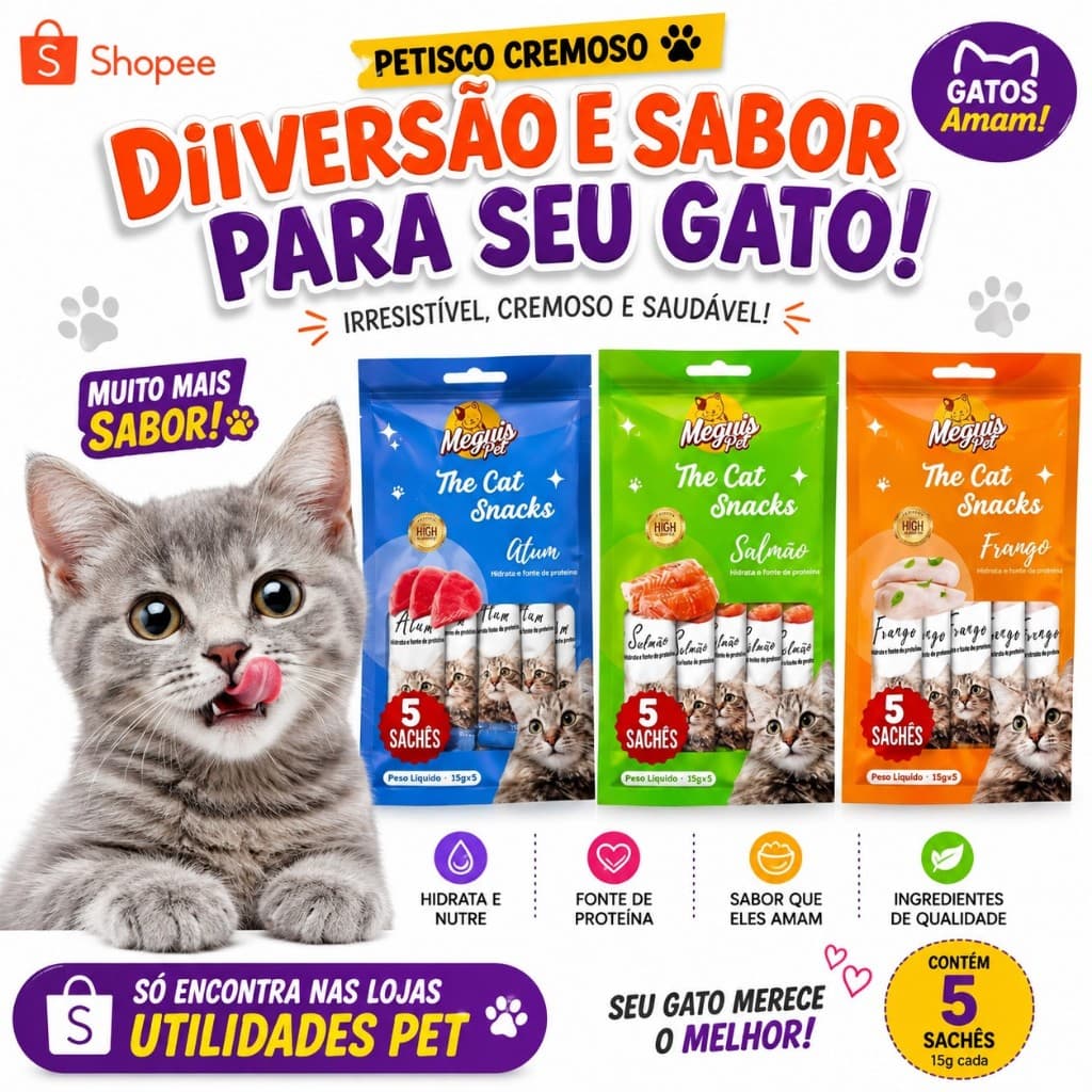 Petisco Cremoso para Gatos | Petisco de Gato modelo Churu | Petisco de Gato Atum | Frango | Salmão
