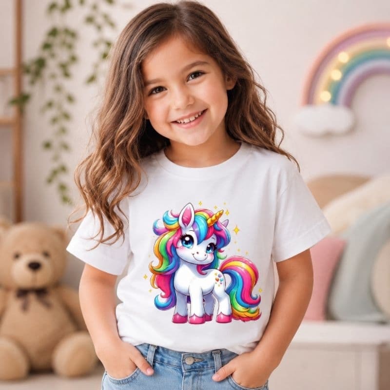 Camiseta Infantil Menina 100% Algodão Estampa Unicórnio Colorido Manga Curta Confortável