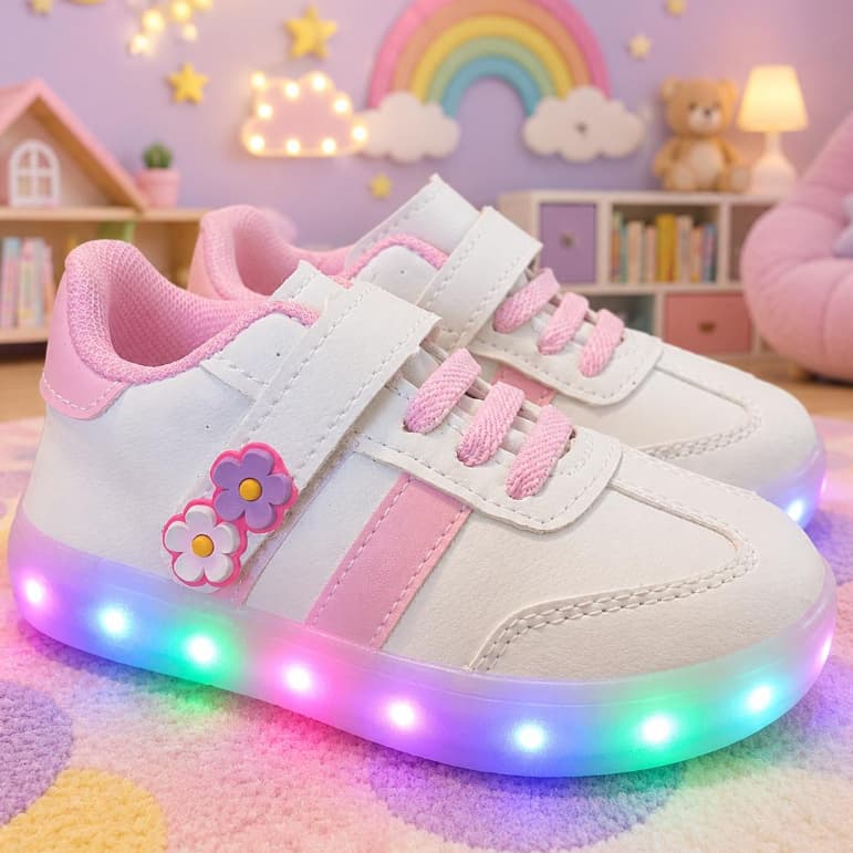 Tenis Calçado com Luzinha Luz Led Infantil Juvenil Menina Branco Rosa Kids Promoção