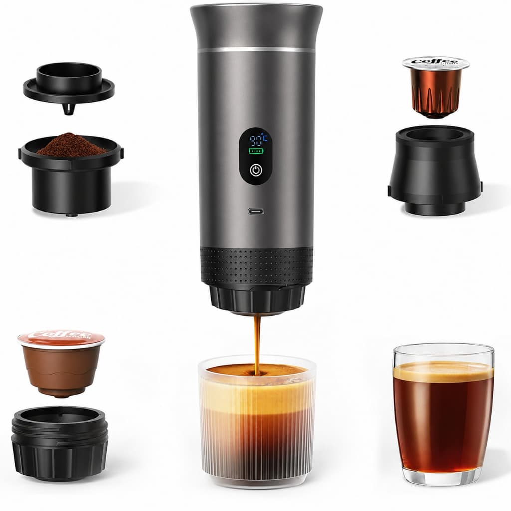 Máquina de Café Expresso Portátil 3 em 1 USB Recarregável Compatível Nespresso Dolce Gusto e Café em Pó