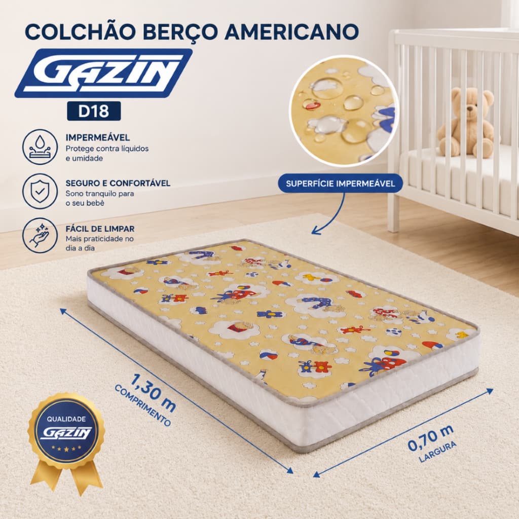 Colchão Berço Americano Gazin  e Mini Cama Infantil com Revestimento Poliéster Espuma D18 130x70x7cm