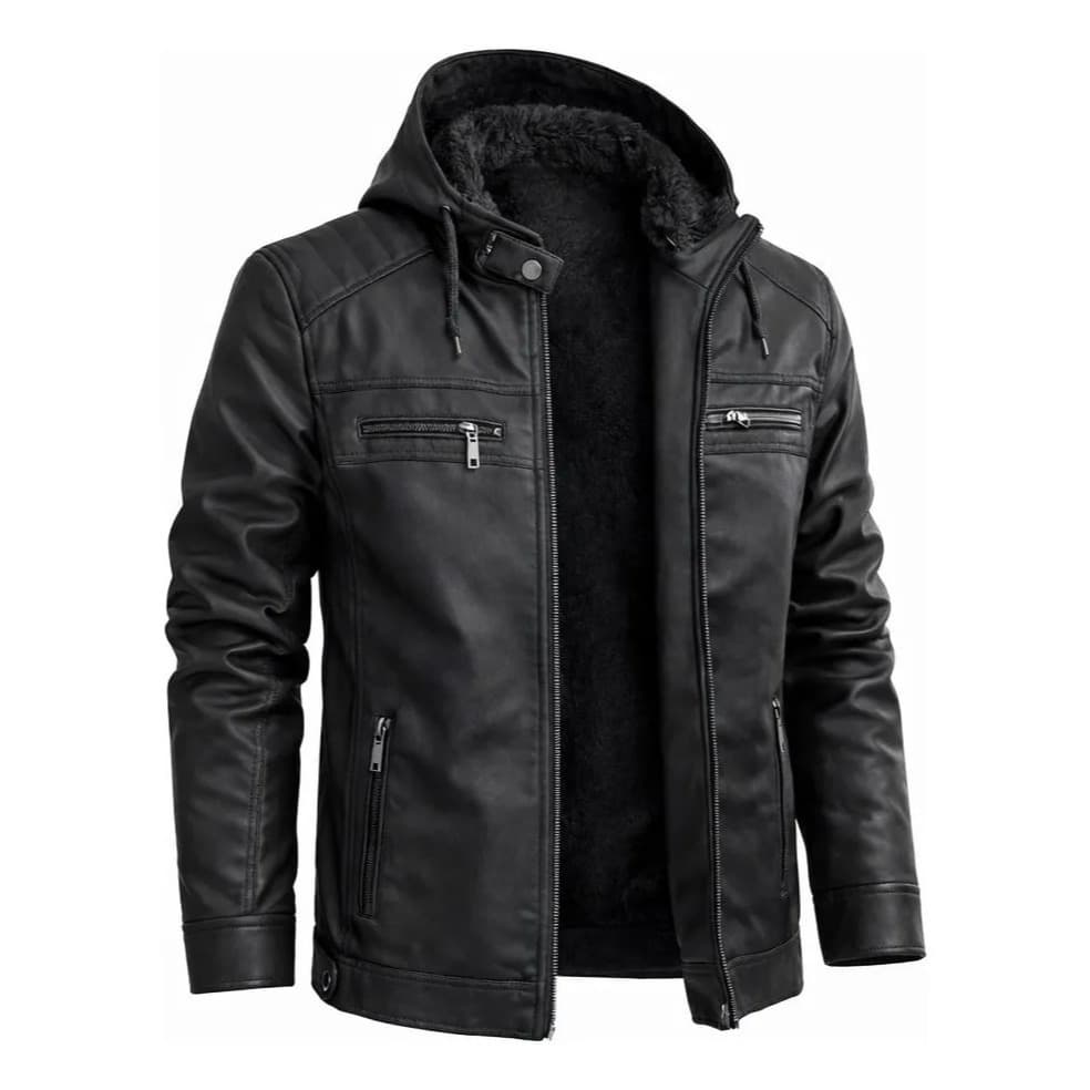 Jaqueta Couro Masculina Slim Forrada Com Capuz Removivel