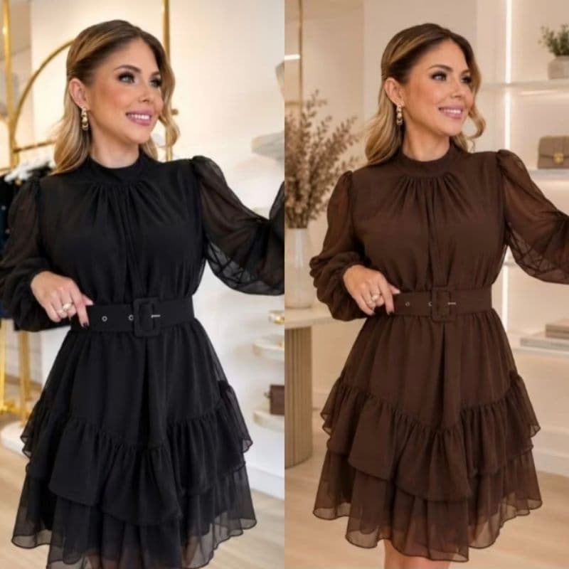 Vestido com Cinto chiffon, com babados e forrado, perfeito para todas as ocasiões